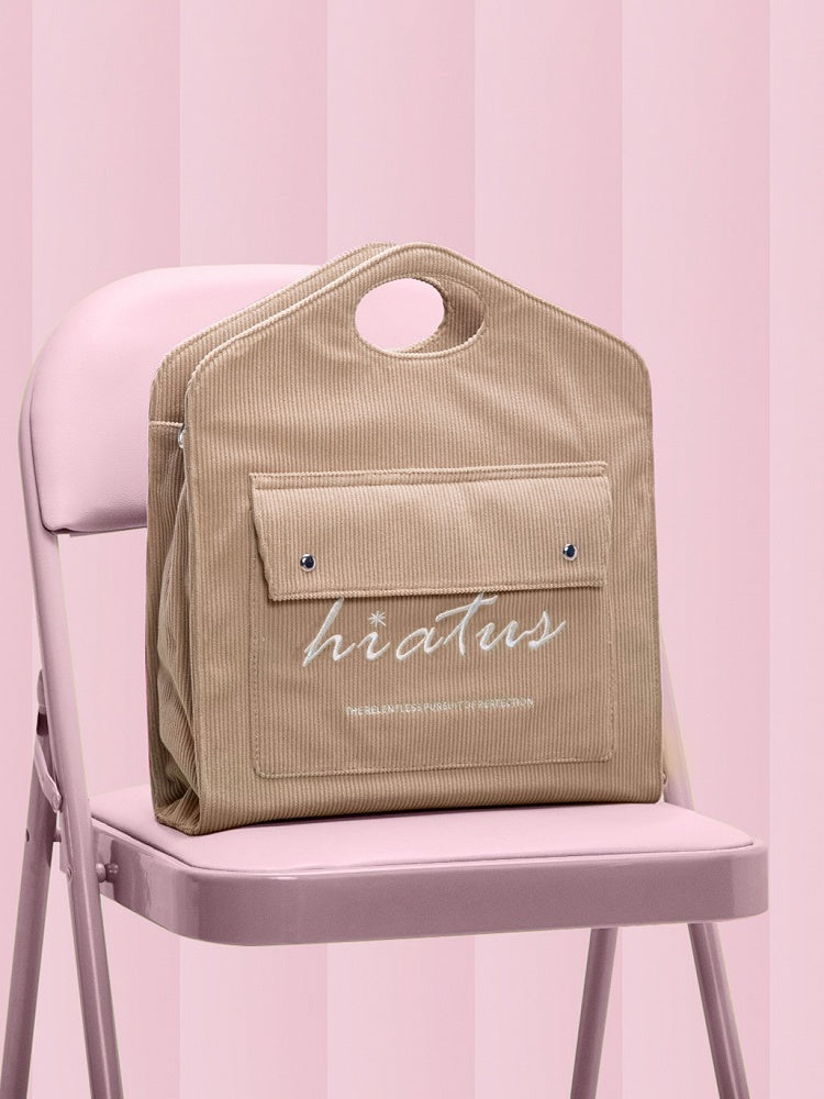 Brown Corduroy Tote Bag: Large Capacity & Lightweight With Embroidered Lettering