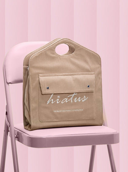 Brown Corduroy Tote Bag: Large Capacity & Lightweight With Embroidered Lettering