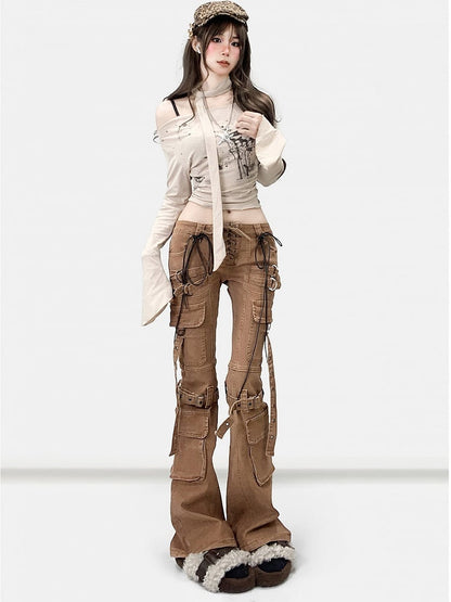 Coffee Brown Wasteland Punk Lace-up Detail Flare Silhouette Jeans
