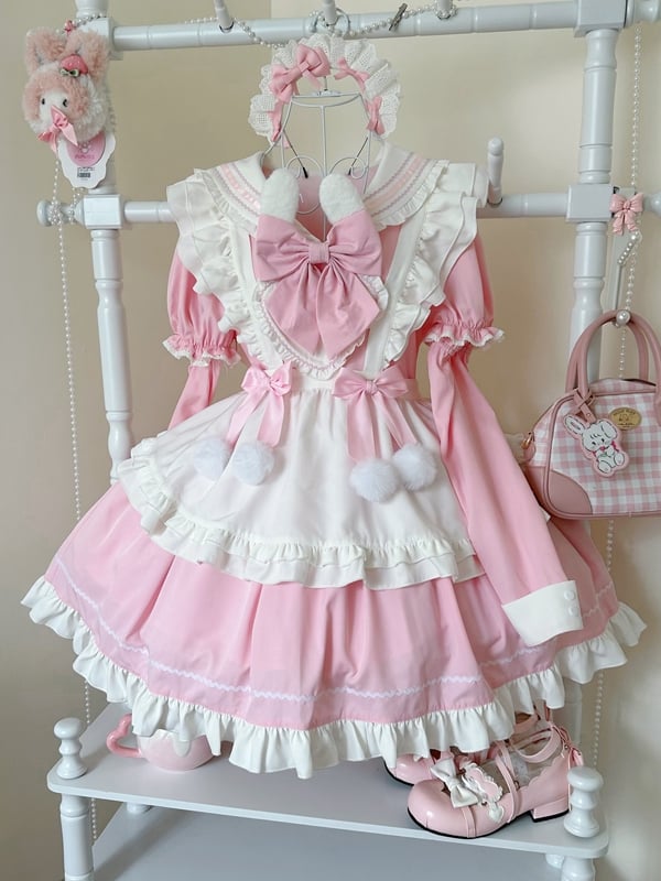 Bunny Ears Sailor Collar Pink Short Sleeves Maid Lolita Dress with White Apron
