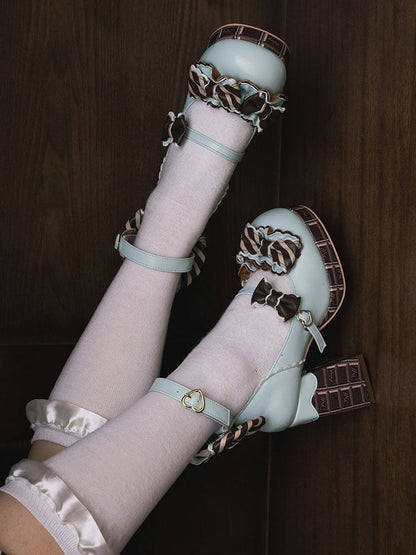 Green&Brown Striped Bowknot Details Heart Buckle Chocolate Platform High Block Heels Mary Janes