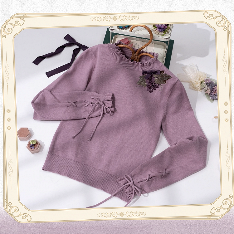 Grape Embroidery Neckline Lace-up Cuffs Purple Autumn Knit Top