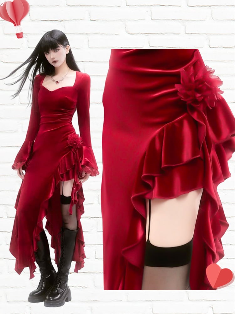 Red Velvet Lace Bell Sleeves Asymmetrical Ruffle Hem Dress