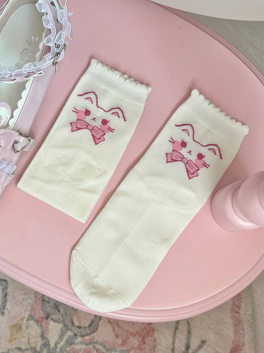 Pink White Kitty Print Lolita Ankle Socks