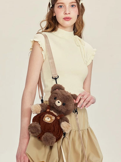 Chocolate Brown Cute Plush Bear Backpack + Overall Pants Middle/Large Size