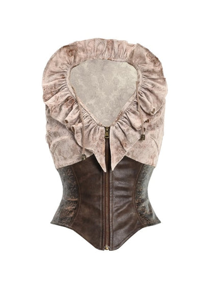 Brown PU Corset Waist Flounce Neckline Sleeveless Top