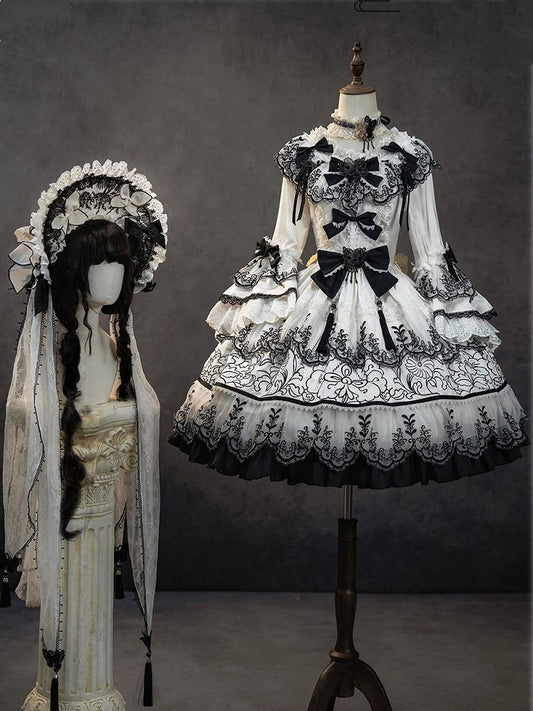 Shimmer Butterfly Fabric White and Black Chinoiserie Style Ink and Wash Lolita Dress Short Version