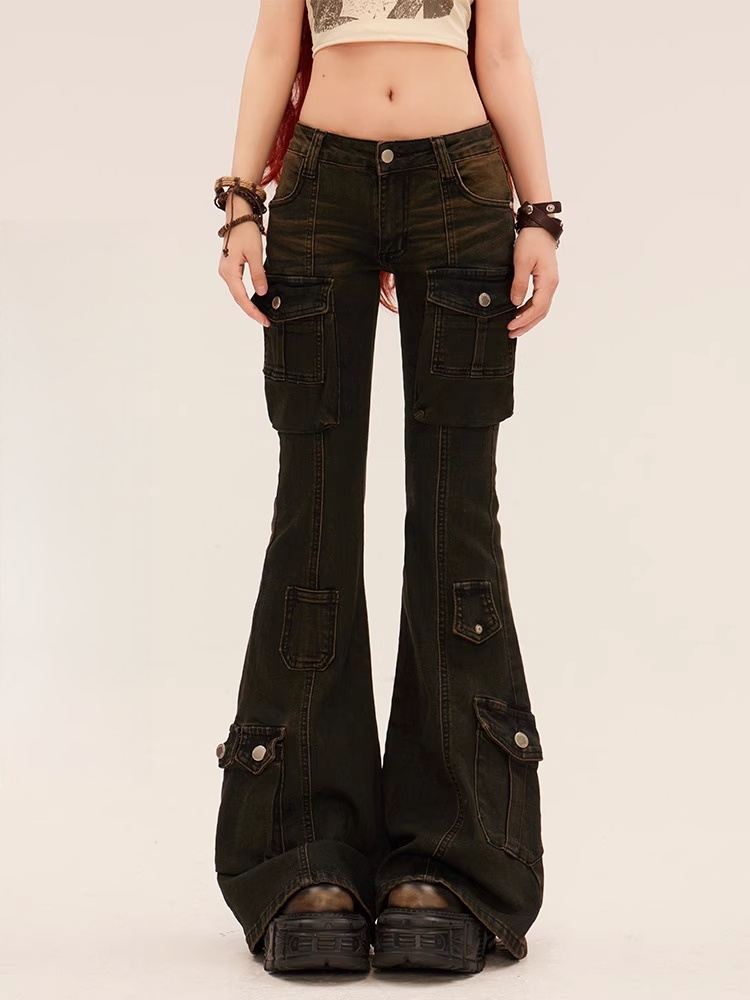Black Low Rise Cargo Pockets Flared Jeans