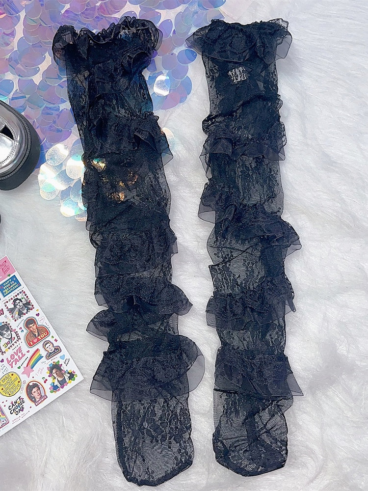 Black Y2K Lace Trim Loose Leg Sleeves