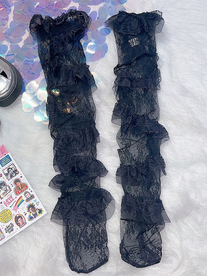 Black Y2K Lace Trim Loose Leg Sleeves