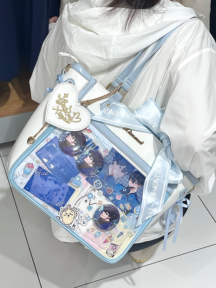 White and Blue Bowknot and Heart-shaped Charm Ita Bag