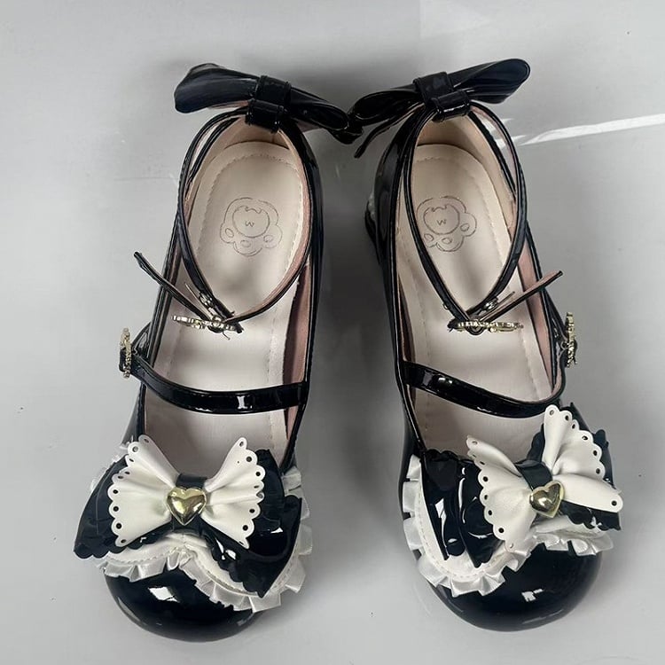 Black Sweet Lolita Mary Janes with Mid-heel - -Bear Heel, Bow Accents & Teddy Fastener