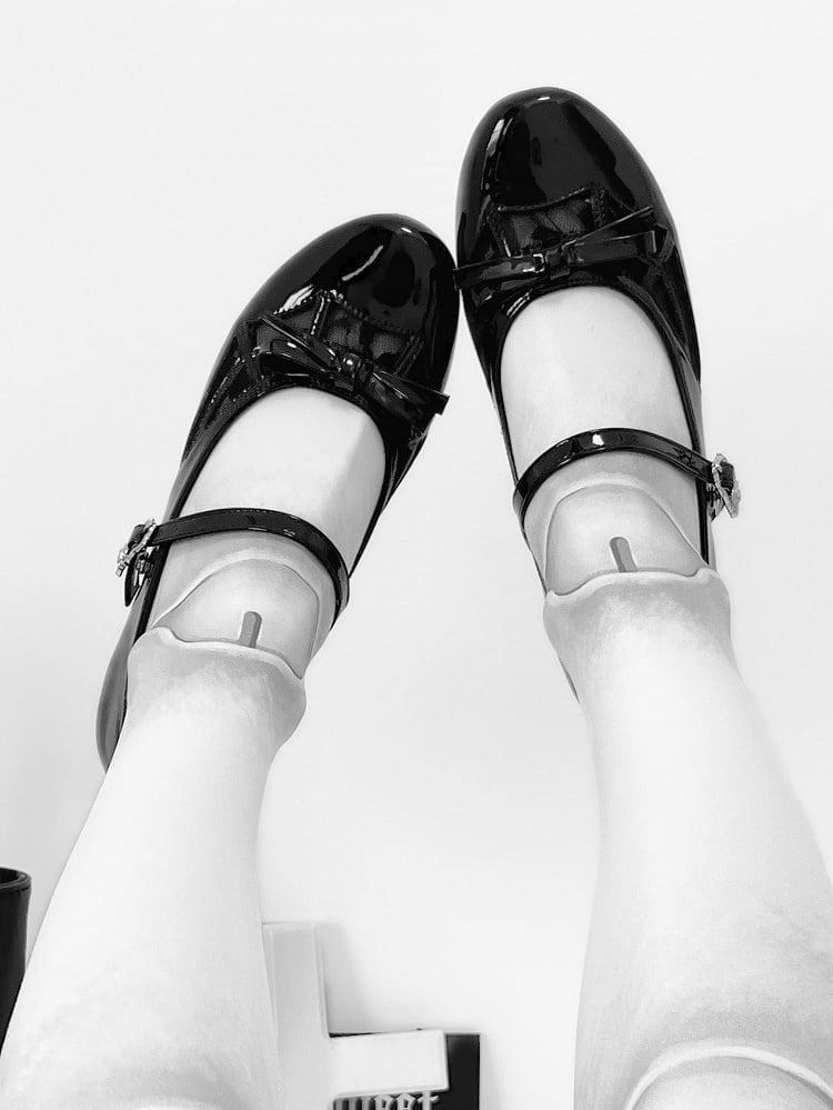 Polished Black Gothic Bow at Top Spiderweb Design Mary Janes