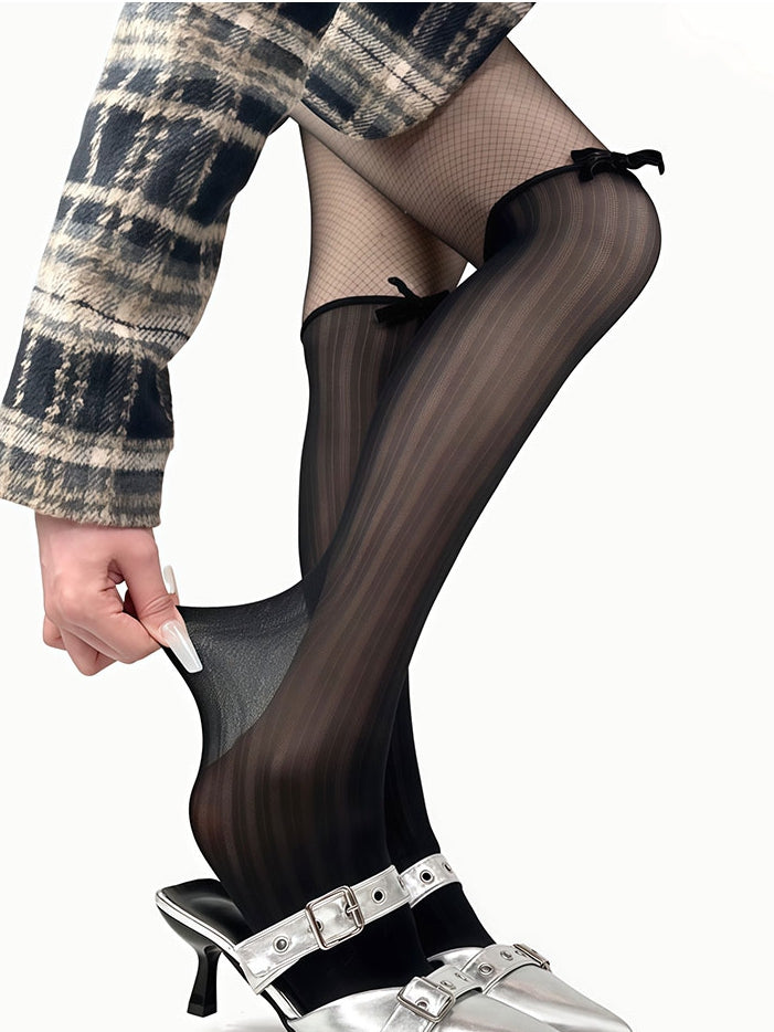 Black/Beige Bowknot Decorated Striped Tights