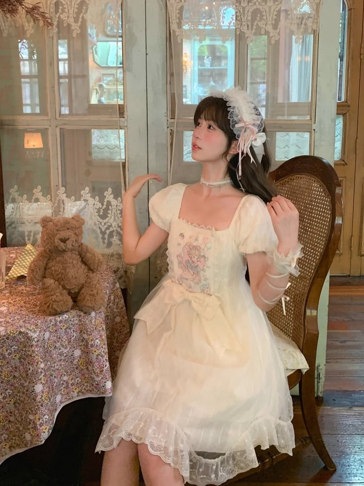 Sweet Fairy Tale Print Apricot Square Neckline and Short Puff Sleeves Big Bow Waist Casual Lolita Dress