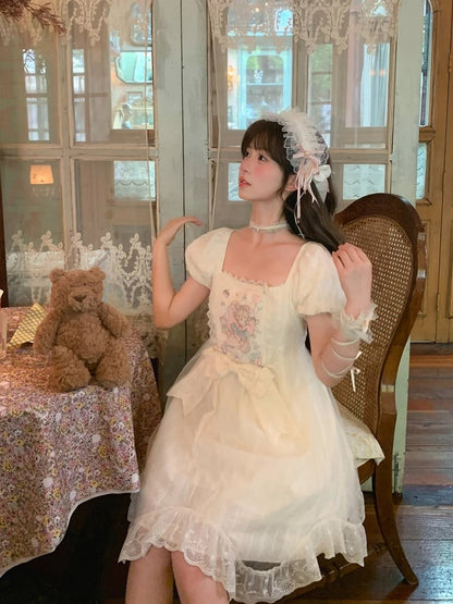 Sweet Fairy Tale Print Apricot Square Neckline and Short Puff Sleeves Big Bow Waist Casual Lolita Dress