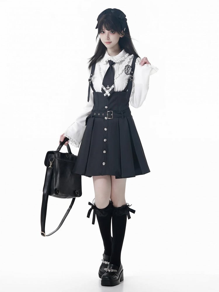 White Ruffled Waist-Tailored Shirt with Lace Trim - Preppy Chic