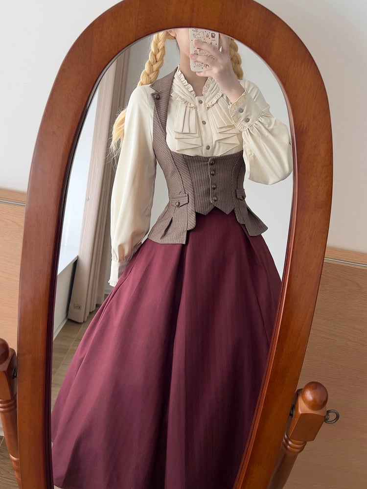 Vintage Wine Red Boned High Waist Striped Skirt