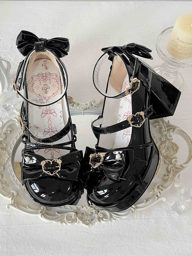 Black Bow Accent Crisscross Design Lolita Platform High Block Heels