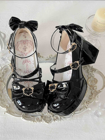 Black Bow Accent Crisscross Design Lolita Platform High Block Heels