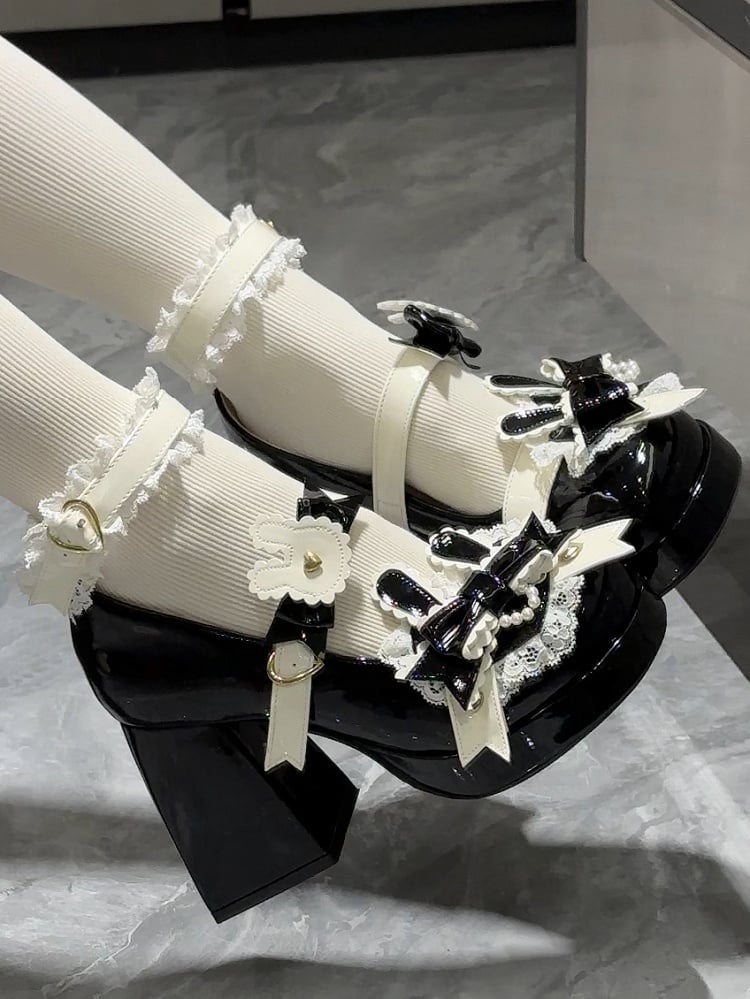 Polished Black Sweet Lolita Bunny Decorated Bowknot Details Lace Trim Platform High Block Heels