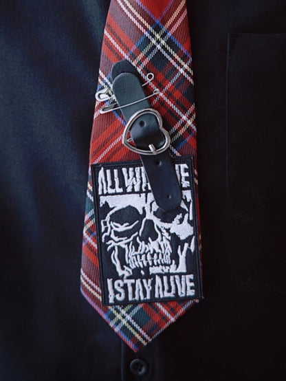 Red Plaid Pattern With Skull Applique Decorated Heart Buckle Tie