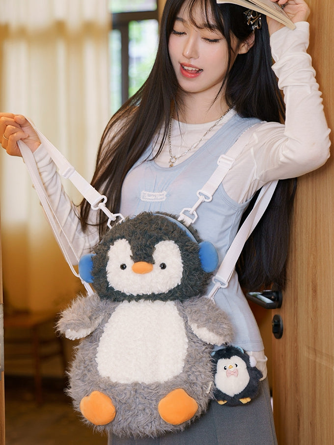 Gray Cute Plush Penguin Backpack