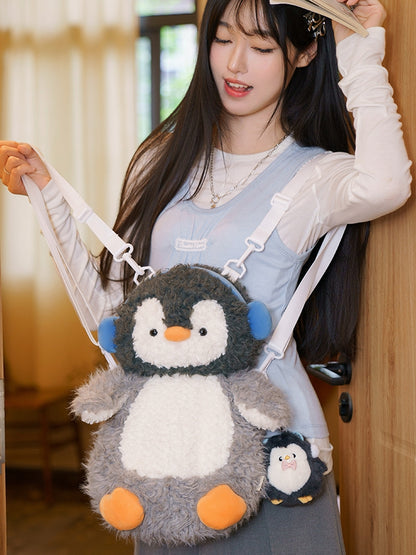 Gray Cute Plush Penguin Backpack
