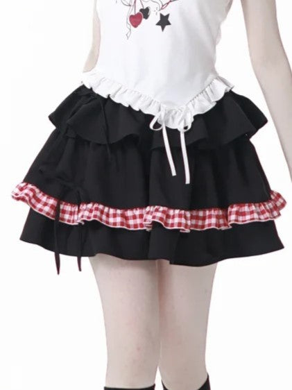 Black & Red Plaid Tiered Skirt with Ruffled Hem