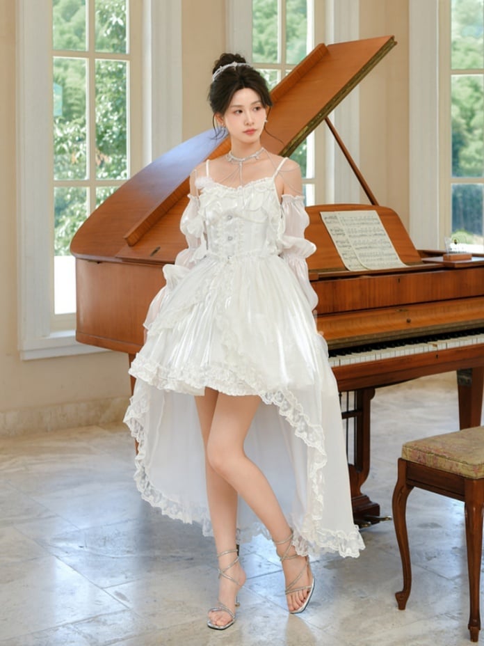 White Satin Shiro Lolita Dress with Detachable Balloon Sleeves and Train