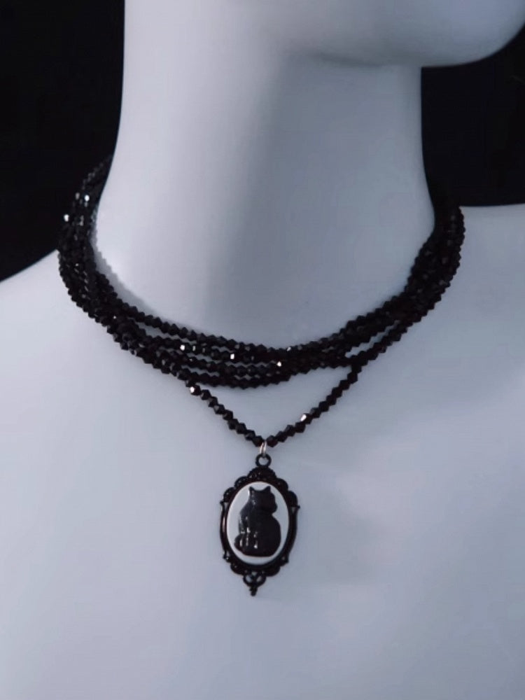 Handmade Vintage Black Cat Pendant Gothic Multi Layers Necklace