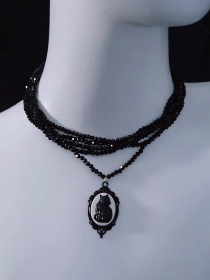 Handmade Vintage Black Cat Pendant Gothic Multi Layers Necklace