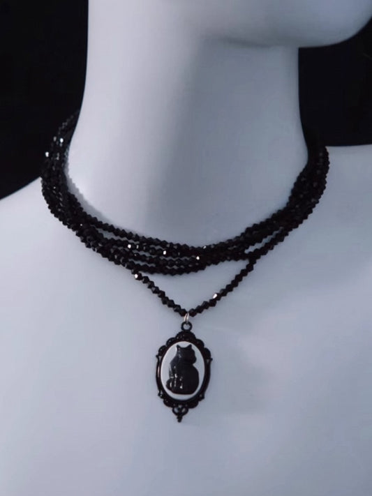 Handmade Vintage Black Cat Pendant Gothic Multi Layers Necklace