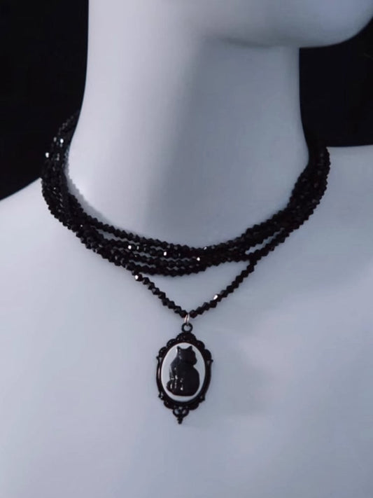 Handmade Vintage Black Cat Pendant Gothic Multi Layers Necklace