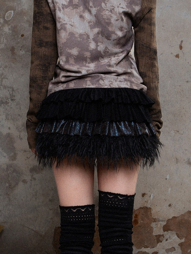 Black Punk Tiered Elastic Waist Skirt with Glossy Fabric & Faux Fur Trim