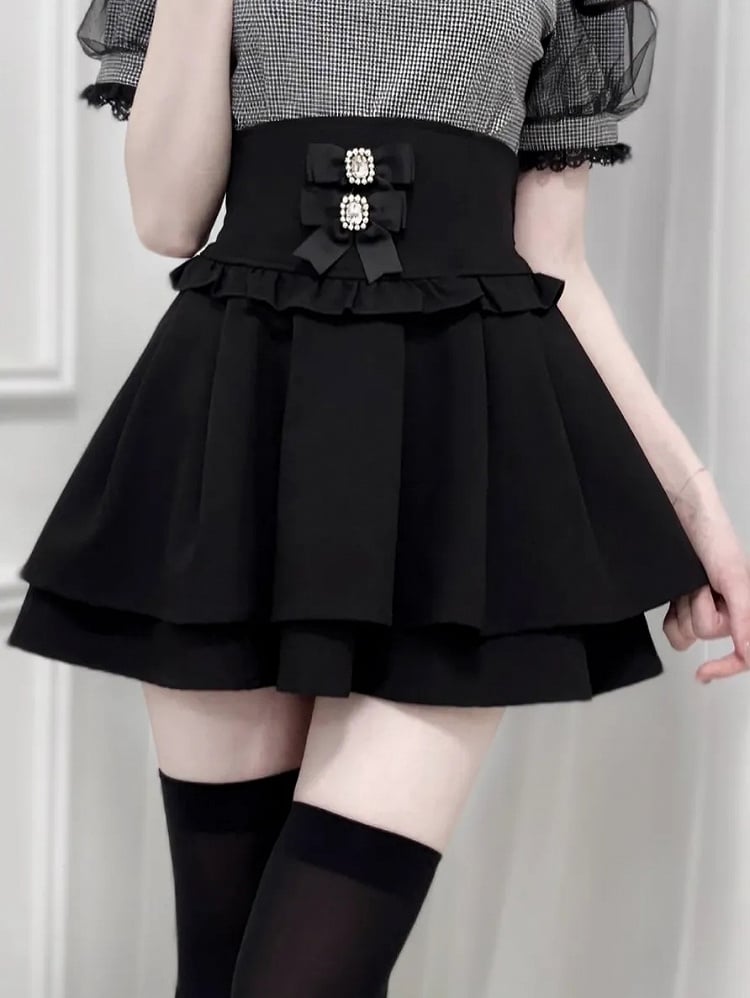Black Jirai Kei Corset Waist Double-Layered Skirt with Detachable Bowknots