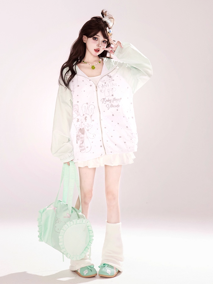 Kitty Ears Design Hood Cartoon Print Black/Green Colorblock Zip-up Jacket