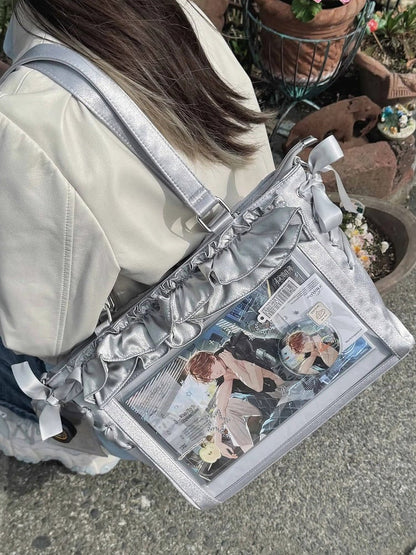 Silver Satin Ruffle Trims Self-tie Straps Ita Bag With Bow Card Holder