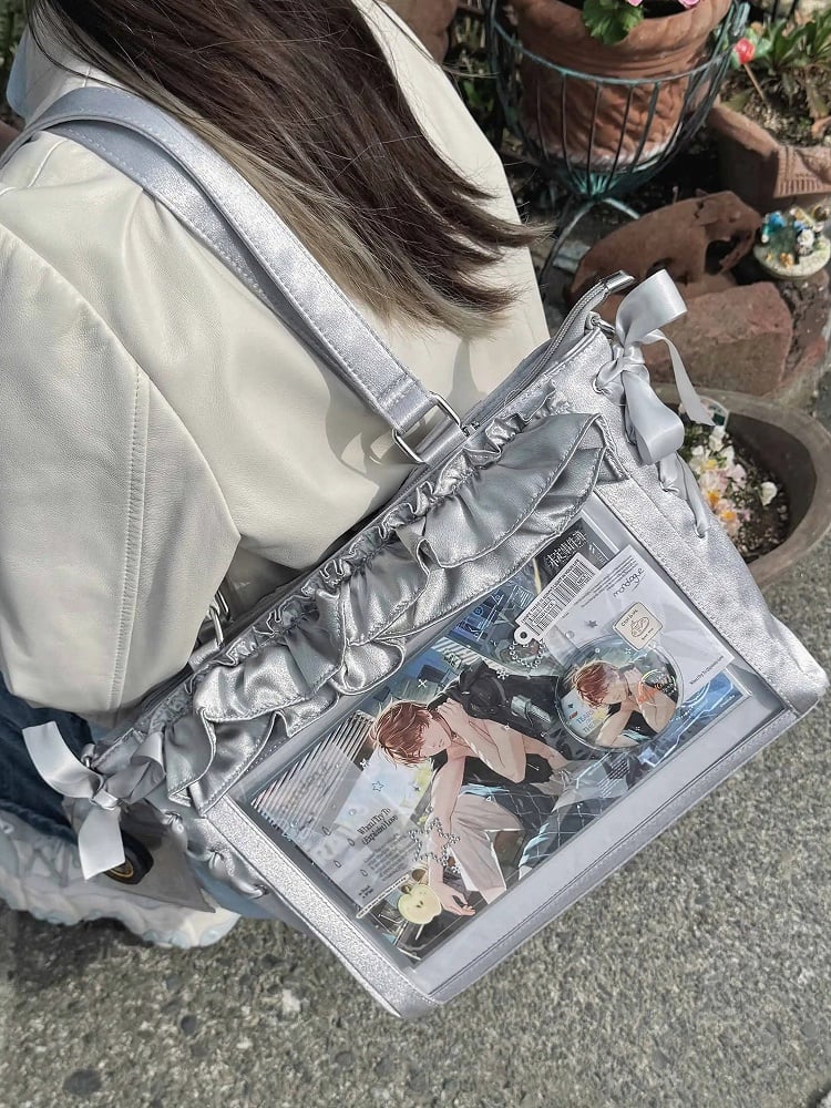 Silver Satin Ruffle Trims Self-tie Straps Ita Bag With Bow Card Holder