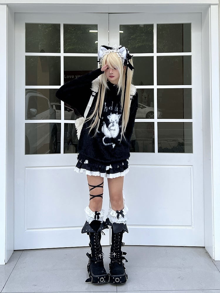 Black/White Plush Sweater with Devil Kitten Design and Distress Trim