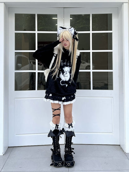 Black/White Plush Sweater with Devil Kitten Design and Distress Trim