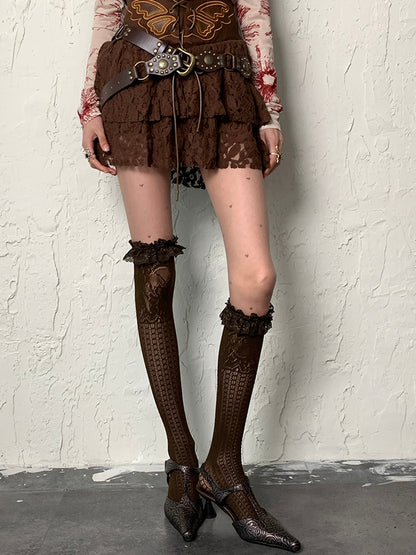 Brown Wasteland Punk Ruffled Cuff Stockings