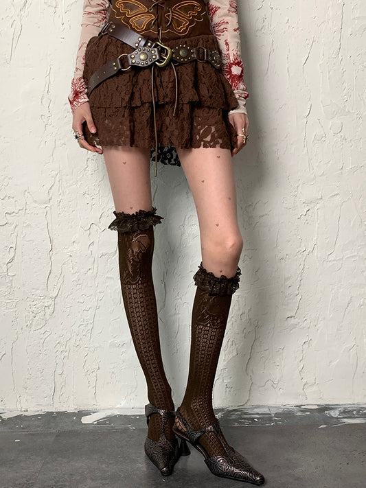 Brown Wasteland Punk Ruffled Cuff Stockings