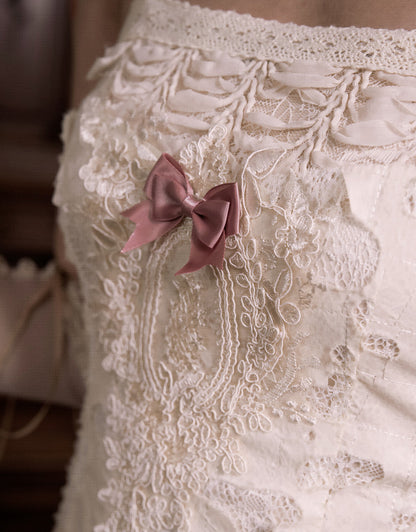 Romantic Goth Pink Bows Heart Cutout Light Cream Summer Slip Dress