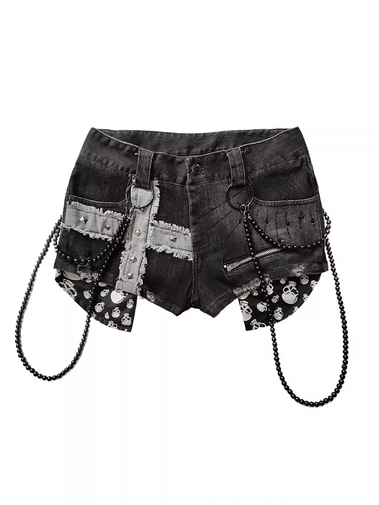 Punk Black Cross Applique Studded Glamorous Denim Shorts with Beaded Chain