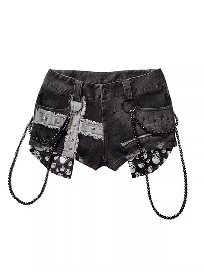 Punk Black Cross Applique Studded Glamorous Denim Shorts with Beaded Chain