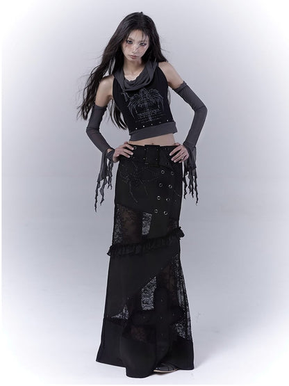 Black Cross Wing Print Punk Studded Sleeveless Top with Free Armwear