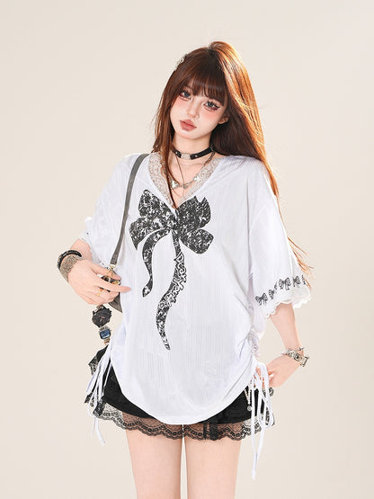 Big Bow Print Lace Trim Drawstring Side Black/White V-neck T-shirt