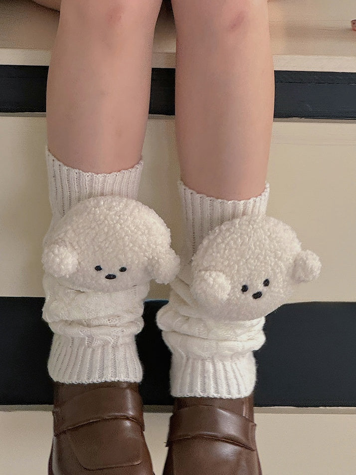 White/Khaki/Light Grey/Coffee Knitted Leg Warmers With Puppy Plushie