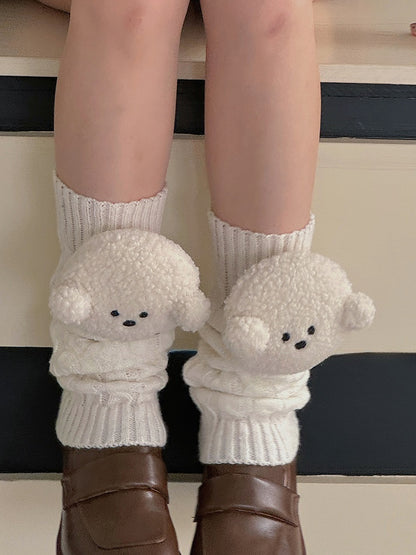 White/Khaki/Light Grey/Coffee Knitted Leg Warmers With Puppy Plushie